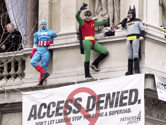 Members of Fathers 4 Justice climbed onto a ledge at Britain's Foreign Office on Monday, dressed as Captain America, Robin and Batman.
