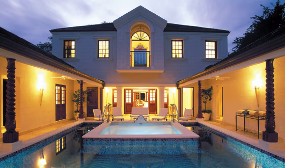 The Villa at Sandy Lane is a butler-serviced compound built around a courtyard pool. 