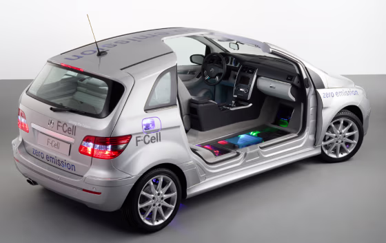This illustration shows the Mercedes B-Class fuel cell car. The fuel cell stack is seen in blue, embedded into the chasis.
