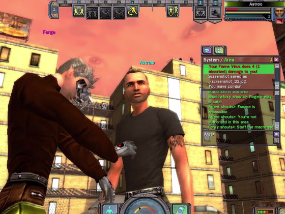 A non-player character named Forge, at left,&nbsp;gives&nbsp;some advice to Astrolo, Alan's virtual-reality persona in "The Matrix Online."&nbsp;Windows offer&nbsp;a chat transcript and status reports.