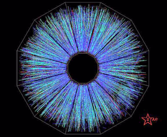 Two gold nuclei collide in the center of this image, perhaps creating a new state of matter called the quark-gluon plasma. The lines spreading out from the center are the paths of the resulting subatomic shrapnel, as recorded by the STAR detector at the Relativistic Heavy-Ion Collider. 
