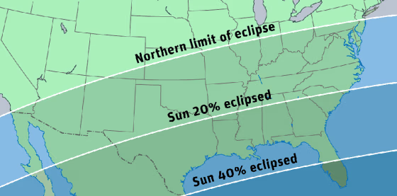 Skywatchers across much of the southern United States can witness a slight partial eclipse of the sun on April 8. This chart shows how much of the sun's disk will be eclipsed in different parts of the United States.