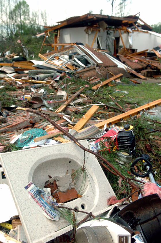 A&nbsp;wash basin lies in ruins Wednesday&nbsp;some 40 feet from the Monterey, Miss.,&nbsp;home it used to be a part of.