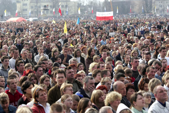 Crowds in Krakow take part in an open-air Mass in commemoration of Pope John Paul II&nbsp;on Friday.