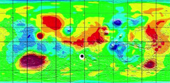 This map shows gravity readings for regions of Mars, reflecting surface elevation. The black dot indicates the center of a great circle of impacts and may represent the planet's ancient south pole.