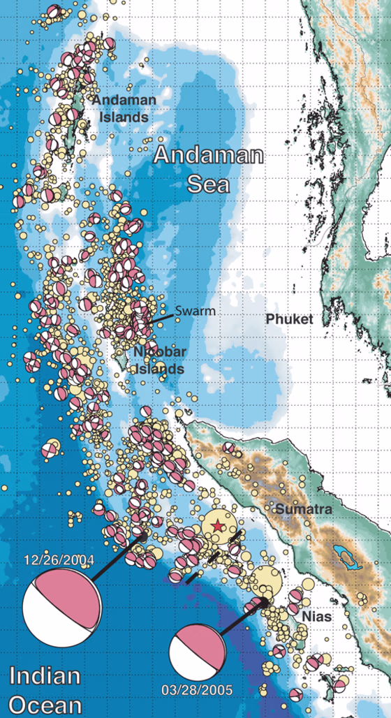 The yellow dots on this map show the aftershock locations during the first 13 weeks after the Dec. 26 earthquake, documented by the National Earthquake Information Center. The pink and white circles are seismic events from the Harvard Centroid-Moment-Tensor catalog. The bigger the circles, the larger the event. The star indicates the epicenter for 2004 rupture, obtained by the NEIC.