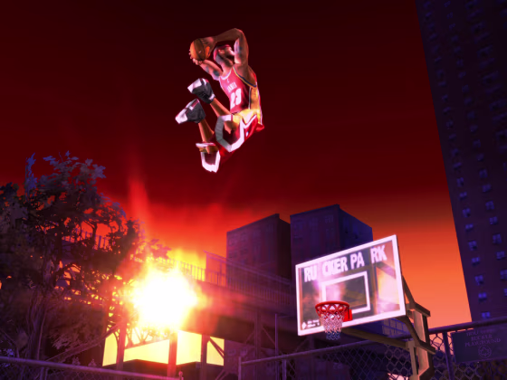 "LeBron James" performs a high-flying dunk in this screenshot&nbsp;from the Electronic Arts video game "NBA Street V3."