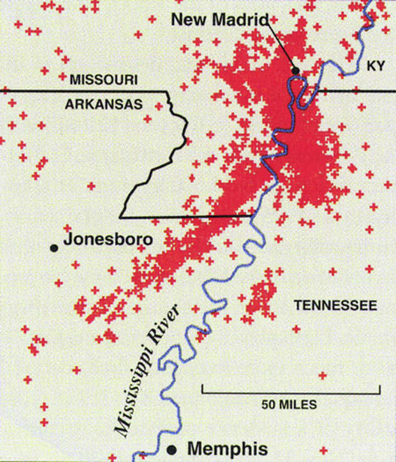 Each red cross denotes an earthquake detected in the New Madrid area since 1974. Three major earthquakes took place at the New Madrid fault in the 1811-12 time frame, and scientists say it could happen again sometime in the next 50 years.