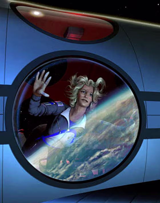 In an artist's conception, a space passenger looks out the window at Earth below. How big should the windows be? How do you keep them from being fogged up? How do you clean them if someone gets space-sick? Marketing experts are already focusing on such questions.