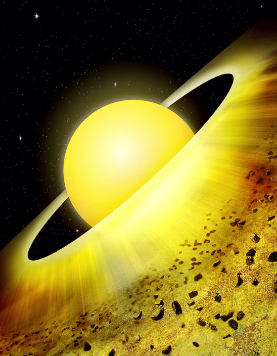 The TW Hydrae system, shown in this artist's conception, contains a protoplanetary disk holding vast numbers of pebble-sized rocky chunks that should eventually grow into full-sized planets.