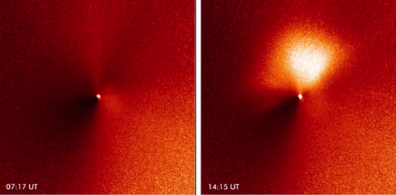 A before-and-after view of Deep Impact's target comet Tempel 1 shows the sudden creation of a dust jet. The images were taken by the Hubble Space Telescope.