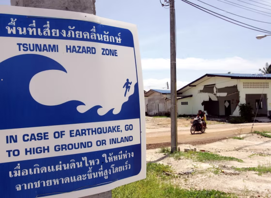 Villagers in a motorbike ride past a tsu