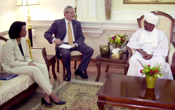 Sudanese President Omar el-Bashir, right, recieves the U.S. Secretary of State Condoleezza Rice in Khartoum, Sudan, on Thursday.&nbsp; 