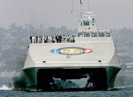 The U.S. Navy's Sea Fighter heads into port on Aug. 1 in San Diego. The Sea Fighter, an experimental aluminum catamaran that can cross an ocean without refueling and reach speeds up to 50 knots, would be the Navy's fastest vessel.