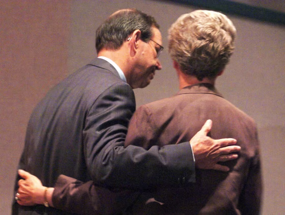 Ohio Gov. Taft gets a hug from his wife as they leave court, Columbus
