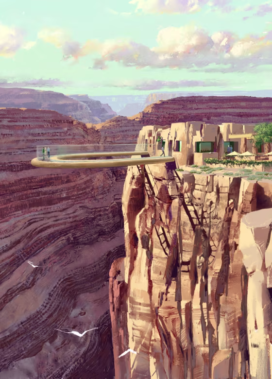 In this artist rendering, a glass skywalk extends&nbsp;from the lip of the Grand Canyon. 