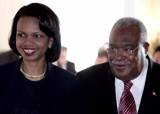 Secretary of State Condoleezza Rice, with Haitian Interim Prime Minister Gerard Latortue, visited Port-au-Prince, Haiti, on Tuesday to show support for presidential elections set for Nov. 20.