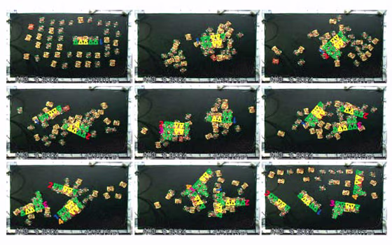 These images show, from left to right in each row, the sequence of self assembly by the miniature robots.