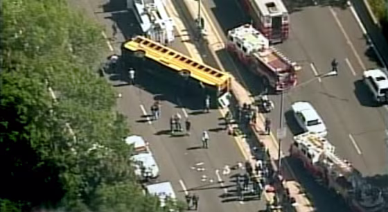 Scores of emergency workers responded when a&nbsp;school bus&nbsp;overturned on a New York expressway Friday. 