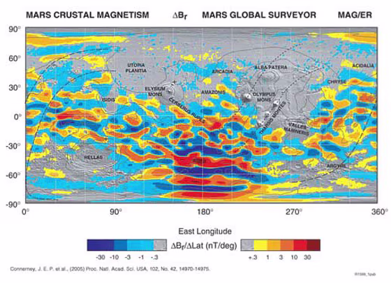 This is a map of the magnetic field of Mars observed by the Mars Global Surveyor. Red and blue stripes represent magnetic fields with opposite directions, with darker hues representing more intensity. The map is superimposed on a topography relief map from the Mars Observer Laser Altimeter instrument. 
