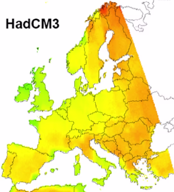 A new study uses this chart to show one of the more extreme scenarios for average temperature anomalies in Europe&nbsp;between 2051-2080. Colors indicate projected temperature rises, compared with the average for 1961-1990. The greenest green represents no increase, while the reddest red represents an increase of 9 degrees Fahrenheit or more.