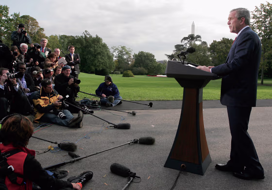 President Bush address reporters at the White House on Friday after senior aide Lewis “Scooter” Libby was indicted and resigned.