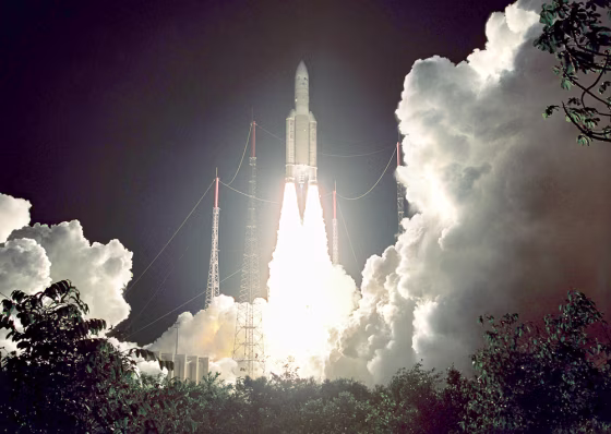 An Ariane-5 ECA launcher takes off in the Kourou base in French Guiana with two telecommunications satellites