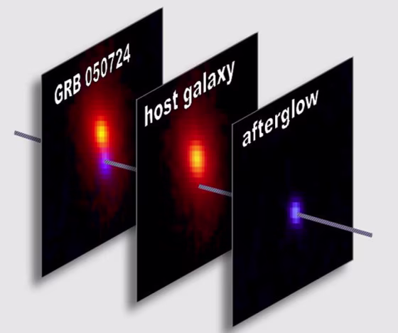 These infrared images of GRB 050724 and its host galaxy were taken with the Carnegie Observatories' Magellan telescopes. The red color of the elliptical host galaxy shows that no new stars have been forming for several billion years, implicating old neutron stars, or a neutron star and a black hole, as the source of short gamma-ray bursts