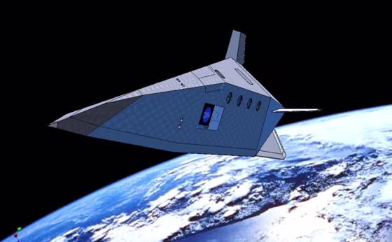 An artist's conception shows the Silver Dart hypersonic glider in orbit. The design is based on the FDL-7 concept, which was pioneered by the U.S. Air Force's Flight Dynamics Laboratory but discarded.