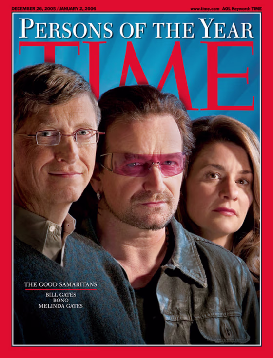 In this handout photo provided by Time magazine, the annual Persons of the Year Issue featuring Bill Gates, left, U2 rocker Bono, and Melinda Gates, right, is shown.
