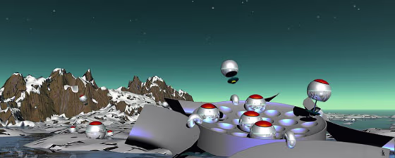 A payload full of microbots begins as the robotic swarm hops away from its parent lander in this artist’s interpretation.