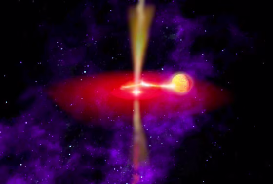This artist's conception shows&nbsp;hot gas being siphoned from a companion star and riding upon a wave of space-time around a black hole. 