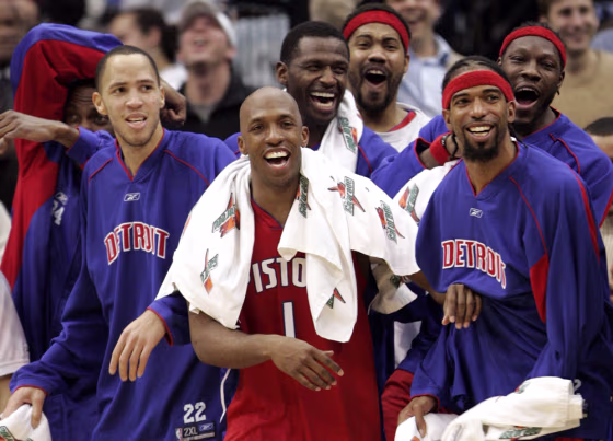 Pistons starters cheer from bench during NBA game against Timberwolves in Minneapolis