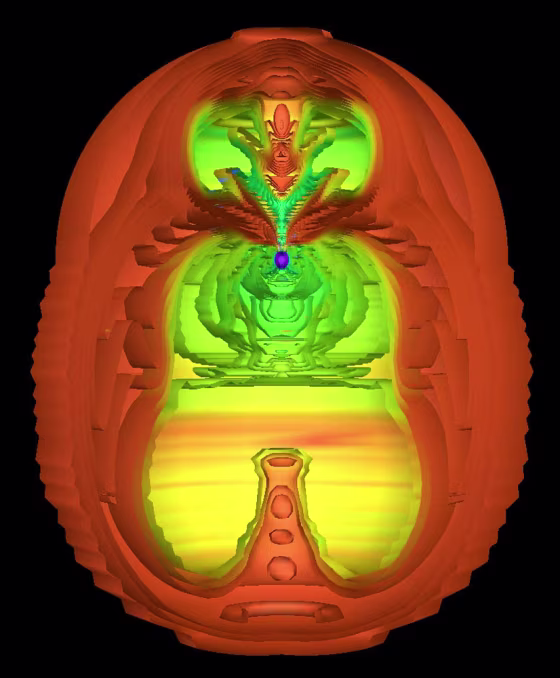 A cutaway view shows the inner regions of a star 25 times more massive than the sun during the last split second before exploding as a supernova, as visualized in a computer simulation. The purple represents the star’s inner core; green represents high heat content; brown is low heat content.