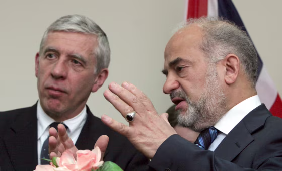 British Foreign Secretary Jack Straw, left, and Iraq's prime minister Ibrahim Al-Jaafari talk to the media following their meeting in Baghdad, Iraq, on Tuesday.
