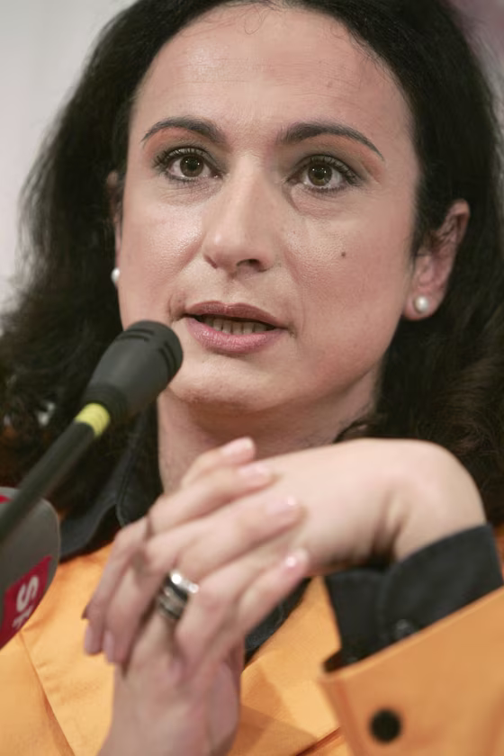 Italian transgender election candidate Vladimir Luxuria gestures during a news conference in Rome