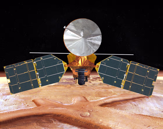 Mars Reconnaissance Orbiter, shown in this artist's conception, is designed to skim through the Martian atmosphere to adjust its orbit.