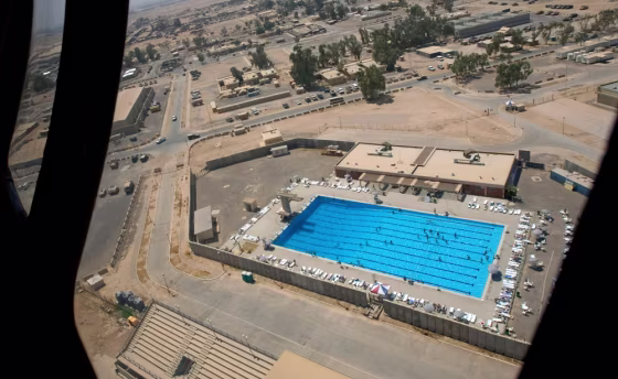 The swimming pool at Balad air base, as seen through the window of a Black Hawk helicopter, 44 miles north of Baghdad, Iraq, on Aug. 25, 2005.