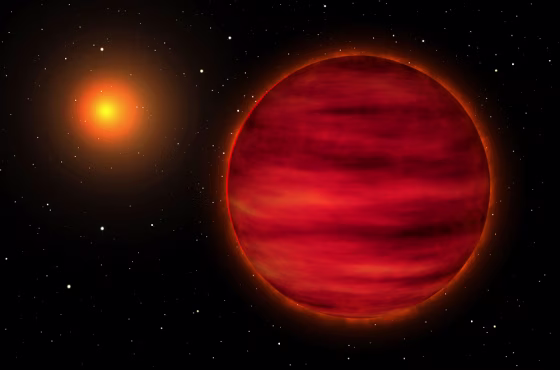 An artist's depiction of the brown dwarf (right) orbiting its red star parent SCR 1845-6357.