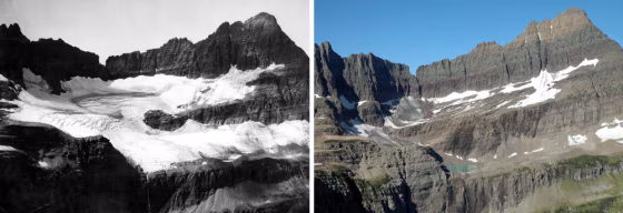 These photographs show how Glacier National Park's Shepard Glacier has changed over 92 years, as seen from Pyramid Peak. The left picture was taken in 1913, and the right picture was taken in 2005.
