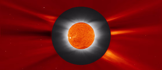 This image merges reddish views of the sun's disk and the outer part of the corona from the Solar and Heliospheric Observatory with a black-and-white&nbsp;photograph of the sun's inner corona, taken from&nbsp;a Greek island by the Williams College Eclipse Expedition. Merging the imagery lets astronomers trace features in the corona from their bases on the sun's surface up until the gas escapes into interplanetary space.