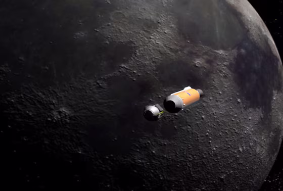 In this artist's concept, the upper stage (right) and a "shepherding spacecraft" (left) approach the&nbsp;moon before impacting&nbsp;at the south pole. 