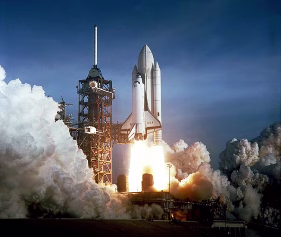 Columbia launches skyward on April 12, 1981 on NASA's first-ever shuttle flight, STS-1.