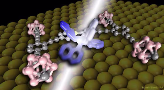 An artist's conception shows a transport vehicle with four molecular-scale "wheels" and a blue paddlewheel motor that is powered by light photons.