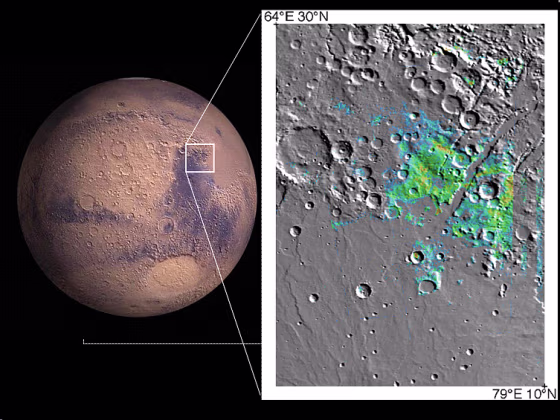 A region rich in clay minerals is highlighted&nbsp;by a white box on&nbsp;the hemispheric view of Mars, and detailed in the map on the right.&nbsp;The map shows the presence of water-bearing clay minerals identified by OMEGA data in the Syrtis Major region, where blue&nbsp;indicates small amounts and orange-red indicates large amounts. 