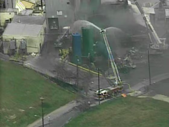Firefighters work to extinguish a blaze at a Cleveland waste treatment plant on Thursday.