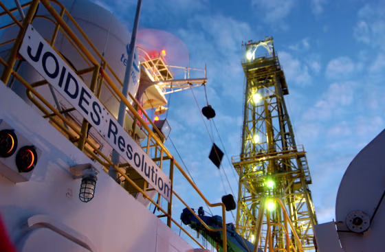 The center of the crust-drilliing operation is a derrick set up onboard the research vessel JOIDES Resolution in the Pacific Ocean.