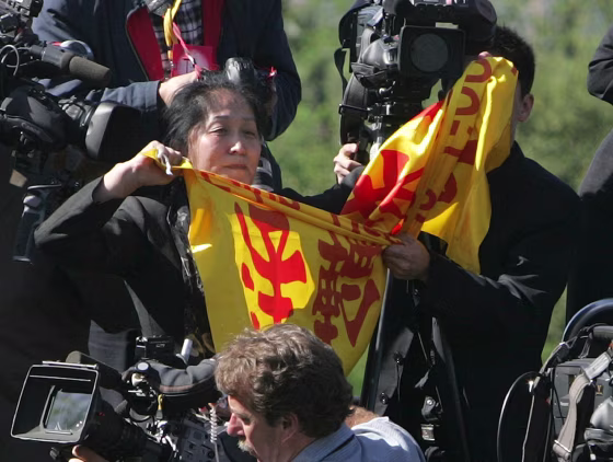 Protester Wenyi Wang, 47, shouts and tries to hold up a banner from her position on the camera stand as Chinese President Hu Jintao, not pictured, speaks during an arrival ceremony with President Bush on the South Lawn of the White House, on Thursday, April 20.