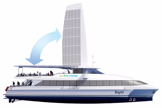 This illustration shows a 600-passenger ferry powered in part by solar panels and the wind.&nbsp;Designed by a company called Solar Sailor, the trimaran concept has been eyed by a California company that will sail two wind and solar powered ferries in San Francisco Bay.