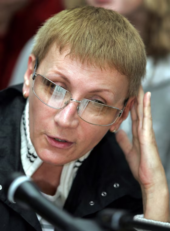 Head of Russian Lesbian Movement Debryanskaya speaks during news conference in Moscow